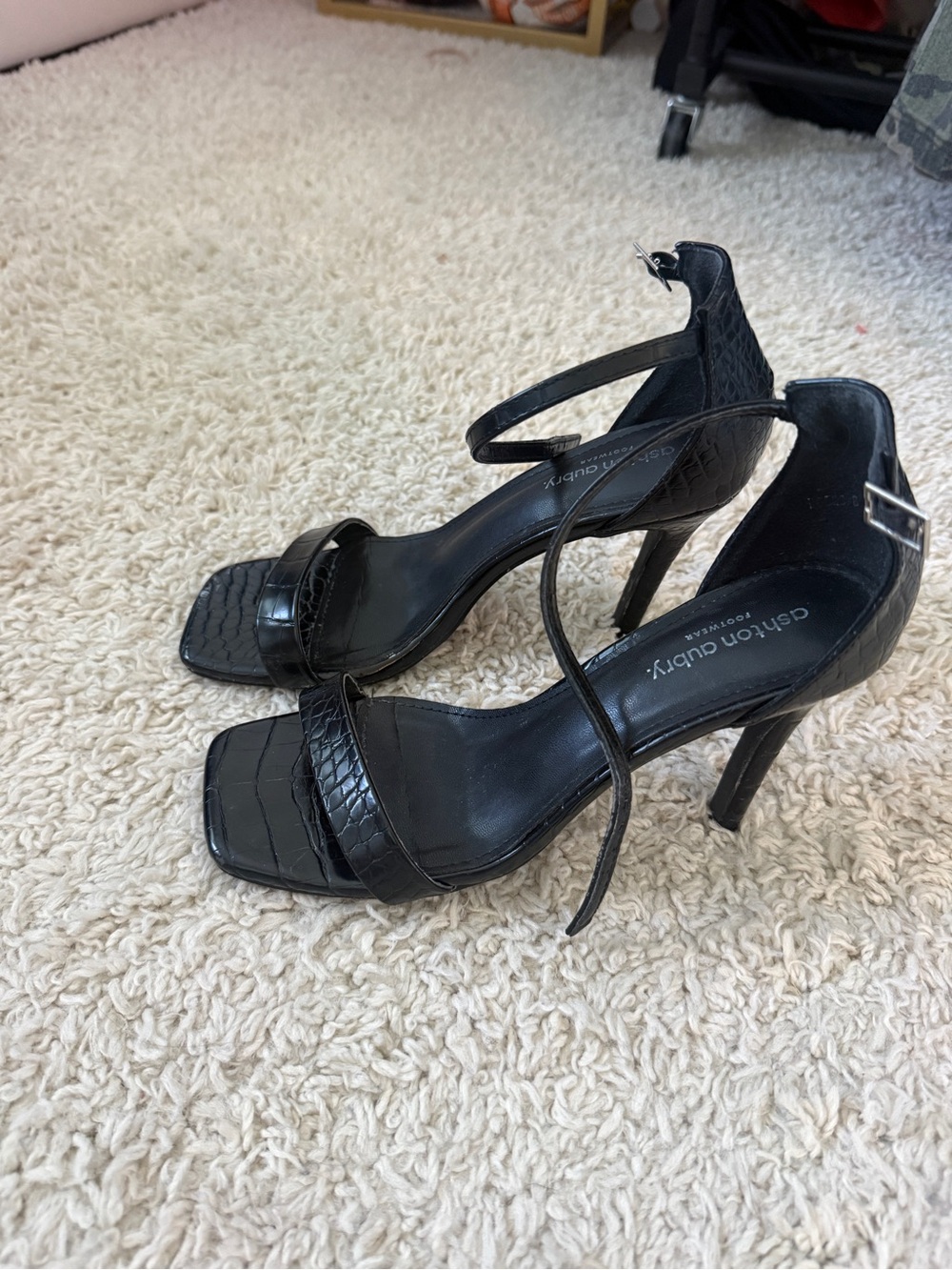 Cushion Walk Black Croc-Embossed Ankle-Strap Heels